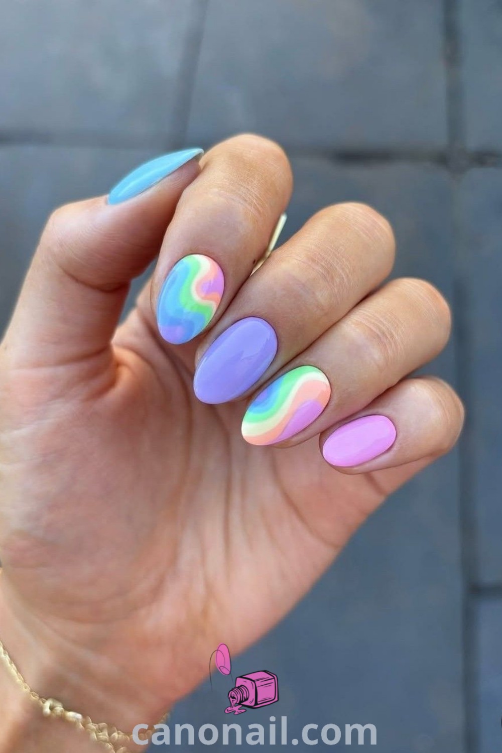 Spring nails featuring almond-shaped designs with lime green, ice cream, watercolor, tie dye, and velvet styles. A perfect blend of trendy manicure ideas for the season. Discover more elegant nail inspiration at canonail.com.
