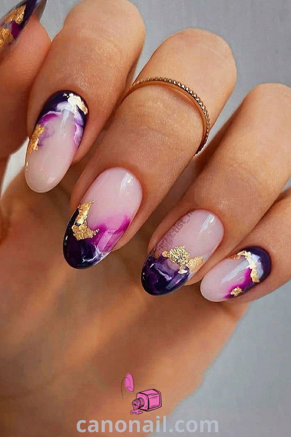 Spring nails featuring elegant almond-shaped designs with purple and gold accents, glamorous galaxy patterns, and trendy manicure styles. Discover beautiful nails and modern nail ideas at canonail.com.