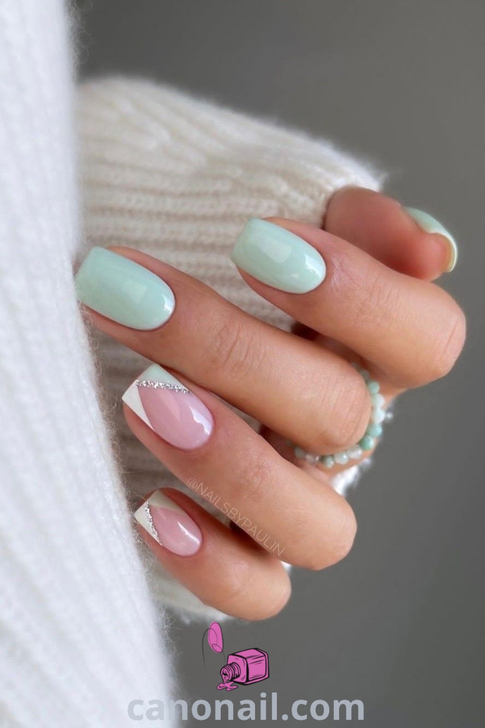 Spring nails in mint green with acrylic designs, milky and pastel accents, and square-shaped styles. Trendy gel nail art perfect for April, offering a fresh and cute look. Explore more stunning nail ideas at canonail.com.