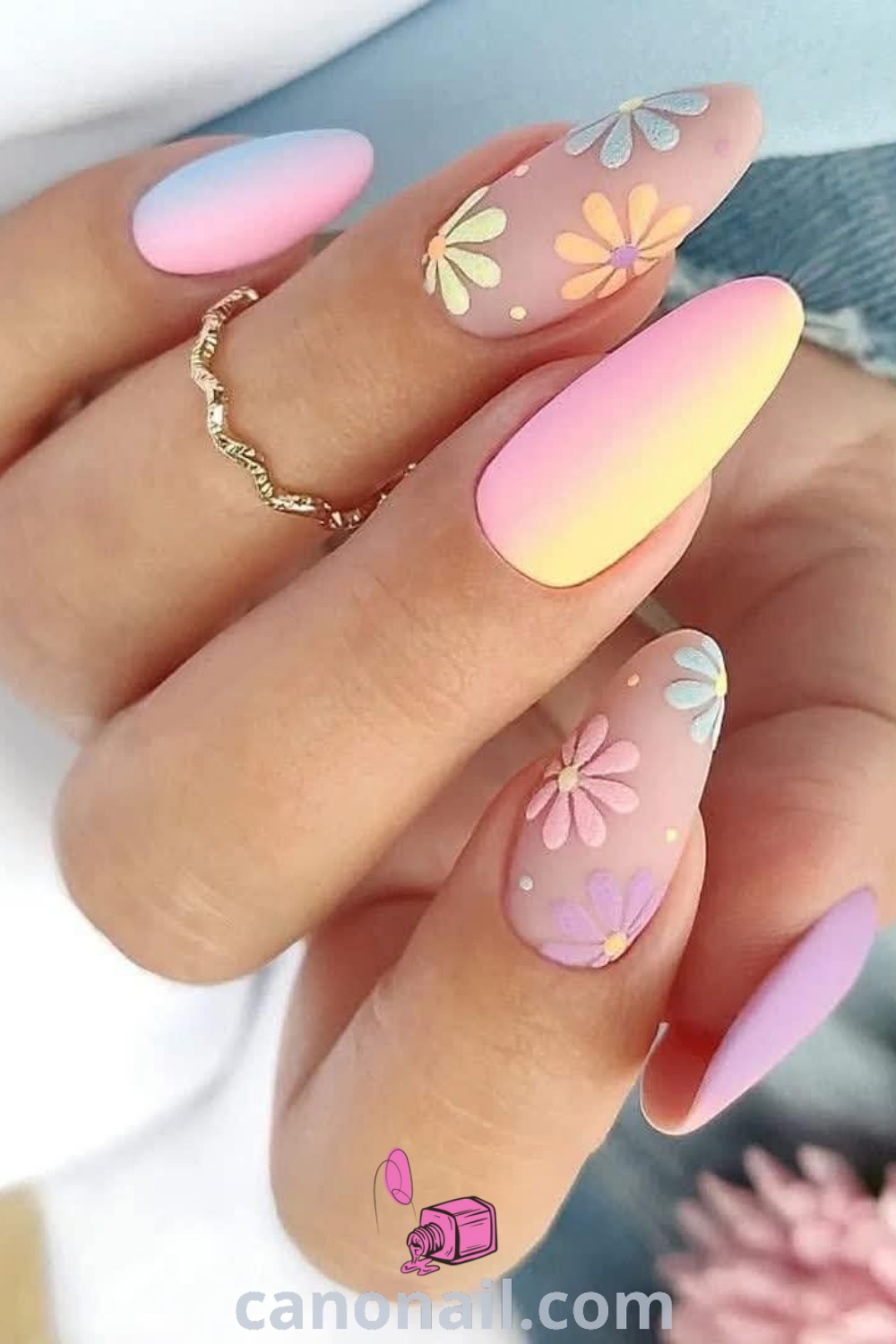 Spring nails on almond-shaped nails featuring cute pastel designs, floral nail art, and trendy gel polish styles for a fresh look. Explore beautiful nail ideas and elegant nail fashion trends at canonail.com.