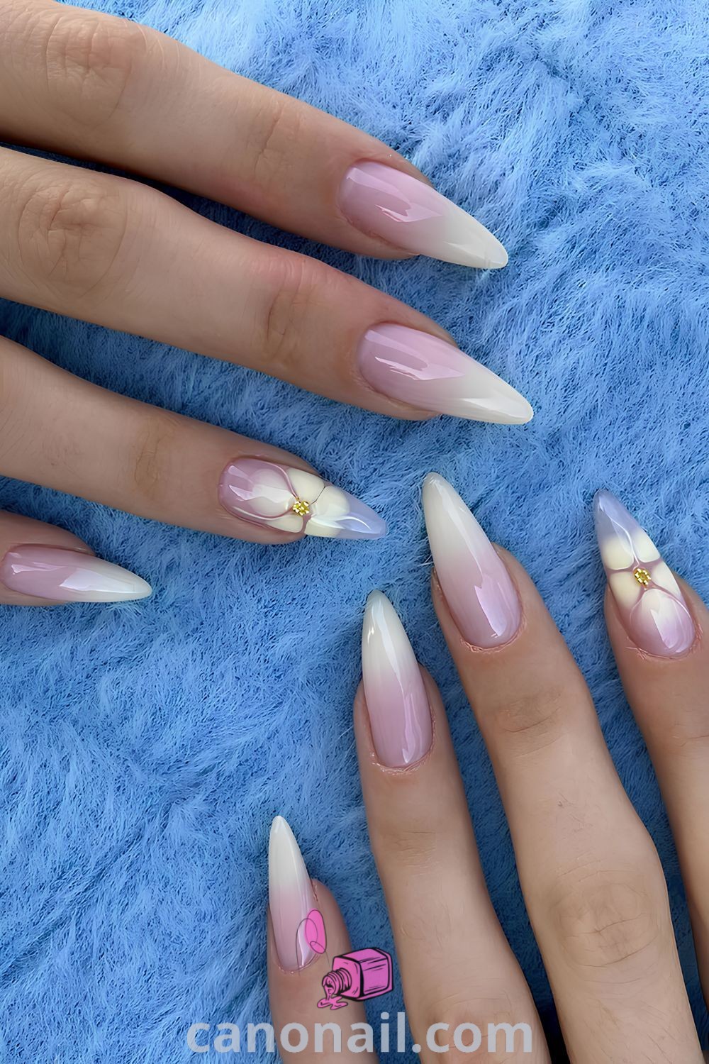 Spring nails in periwinkle colors on almond-shaped nails, including trendy designs and floral patterns for March and April 2025. A beautiful and modern nail art trend ideal for the season. Discover more nail inspiration at canonail.com.