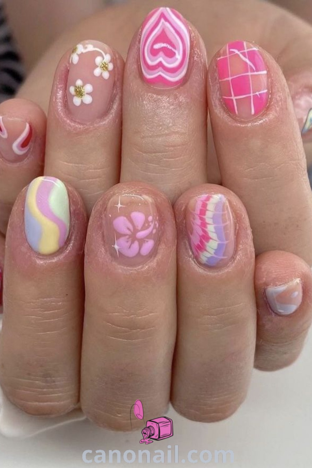 Spring nails with preppy almond designs showcasing vibrant colors and bold patterns, including Buchona nails and stylish accents. Explore trendy manicure ideas and stunning nail inspiration at canonail.com.