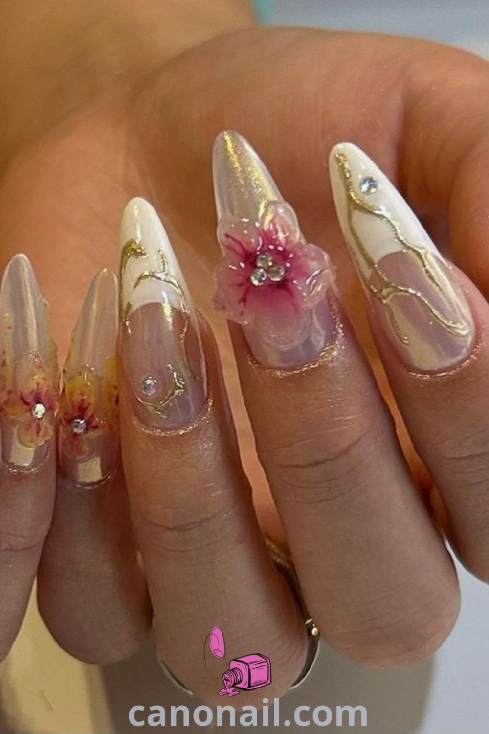 Spring nails designed in almond shape showcasing trendy French tips, vibrant colors, and elegant nail art. Discover beautiful and modern nail designs for your spring manicure inspiration at canonail.com.