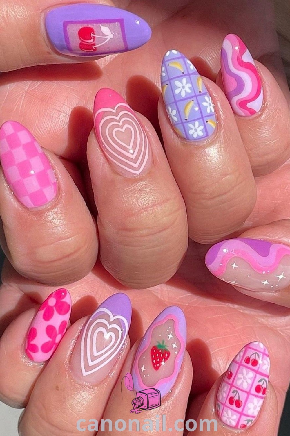 Spring nails featuring almond-shaped designs with Hello Kitty, colorful floral patterns, and aesthetic blush tones. A delightful and trendy manicure perfect for the season