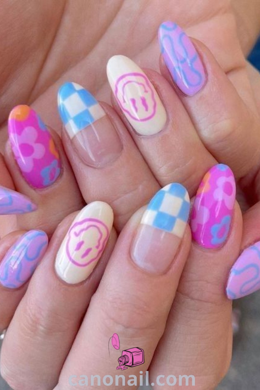 Spring nails with checkered patterns, spring leaves, and retro designs on almond nails. Trendy and cute simple nail art for spring inspiration featuring modern styles. Discover more at canonail.com.