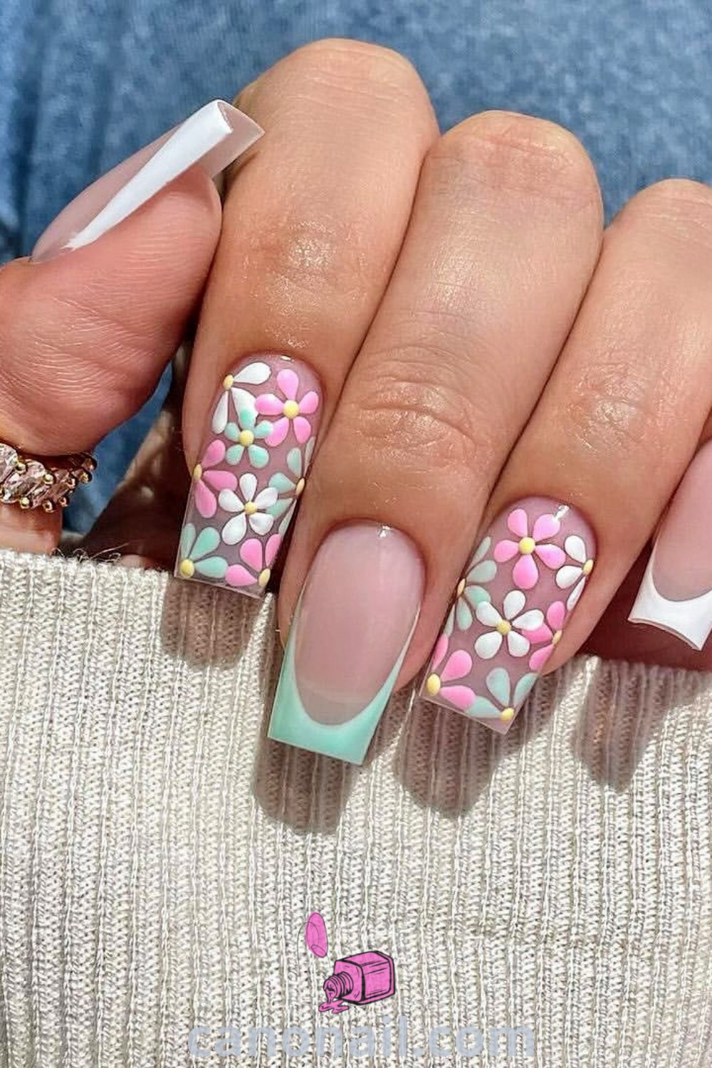 Spring nails featuring square-shaped designs with pastel colors and blue flower nail art. A collection of cute, simple spring nail ideas perfect for modern manicures. Explore more beautiful nails inspiration at canonail.com.