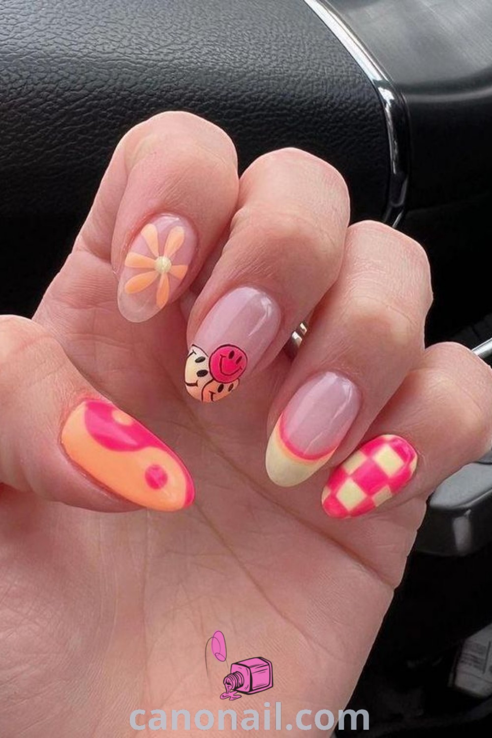 Spring nails featuring fun French tip designs, fun acrylic styles, and retro nail art on elegant almond-shaped nails. A playful and modern manicure perfect for the season. Discover more nail ideas at canonail.com.