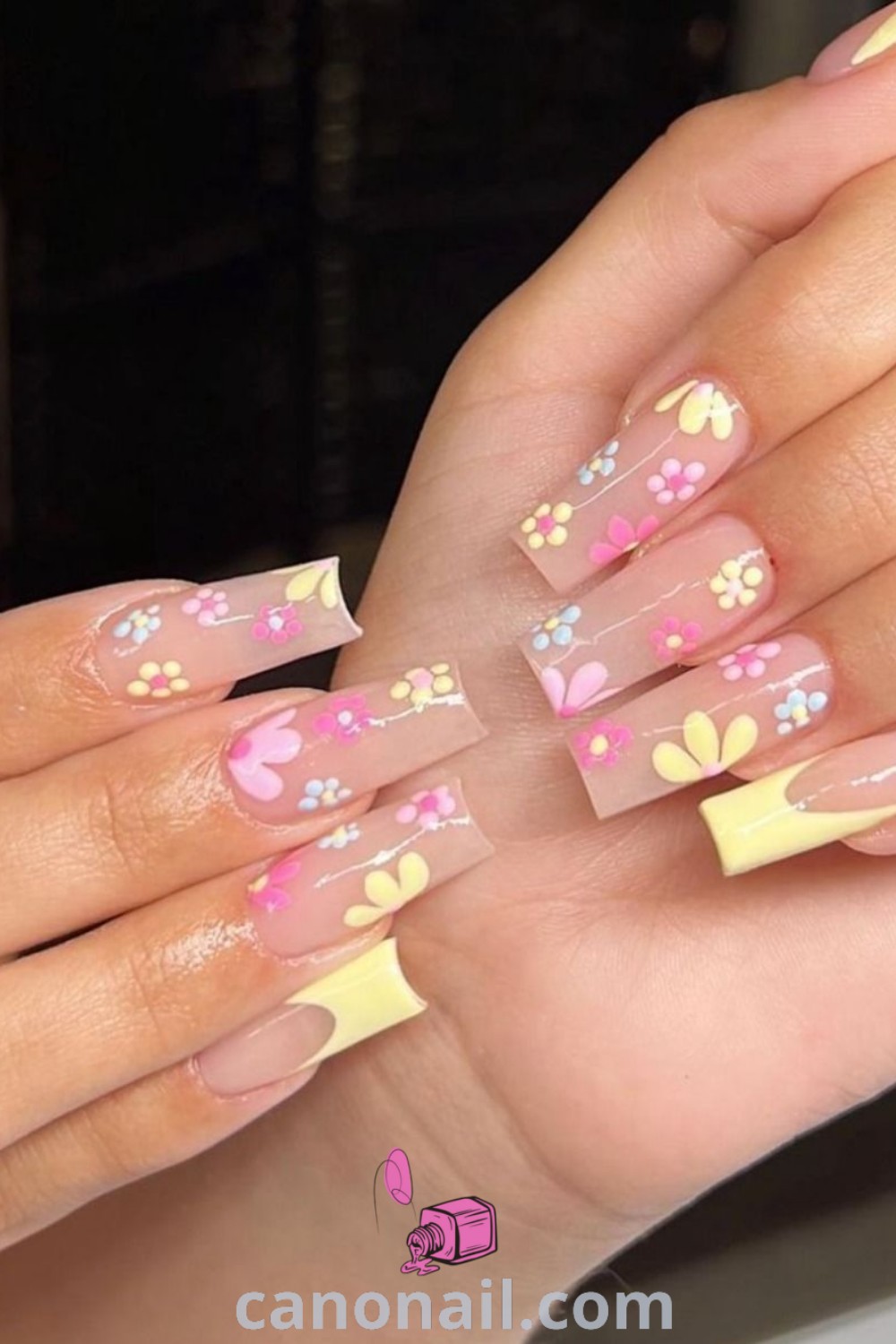 Spring nails in square designs featuring pastel colors, floral details, and ombre effects. Elegant and trendy manicure perfect for spring celebrations. Discover more nail inspiration at canonail.com.