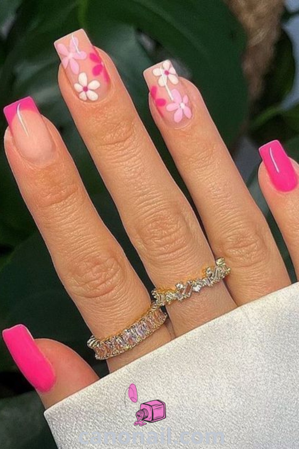 Spring nails featuring square nail shape with colorful daisy designs and floral patterns, perfect for the season. Explore beautiful nail ideas and modern nail art inspiration at canonail.com.