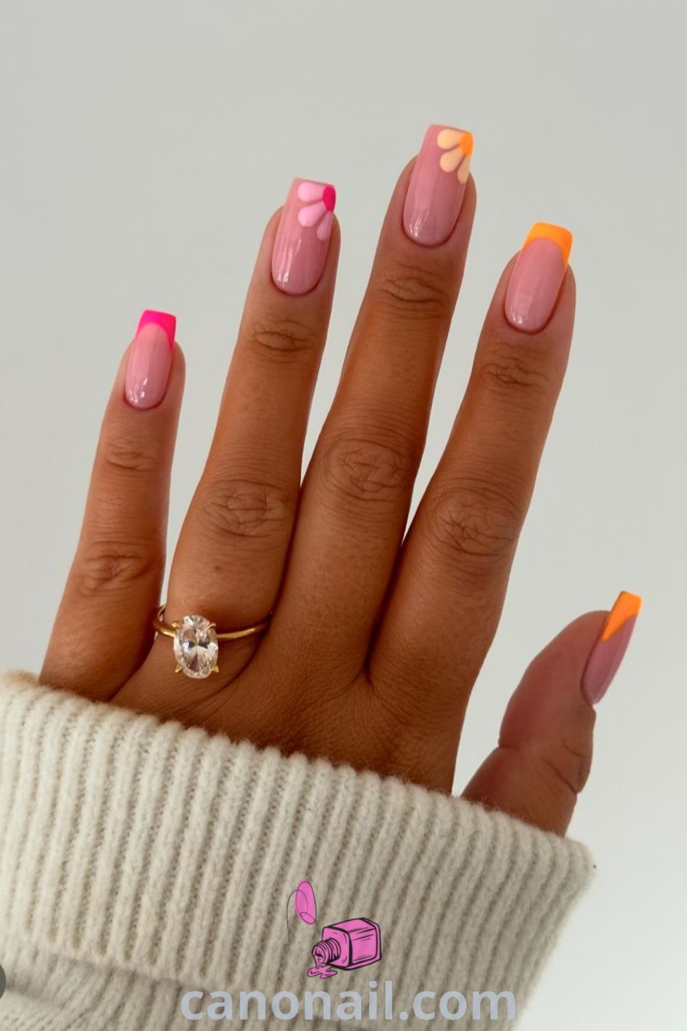 Spring nails in square shapes featuring bright orange and pink designs, cute summer styles, and pink ombre effects. Perfect for elegant and work-appropriate looks. Discover nail inspiration at canonail.com.