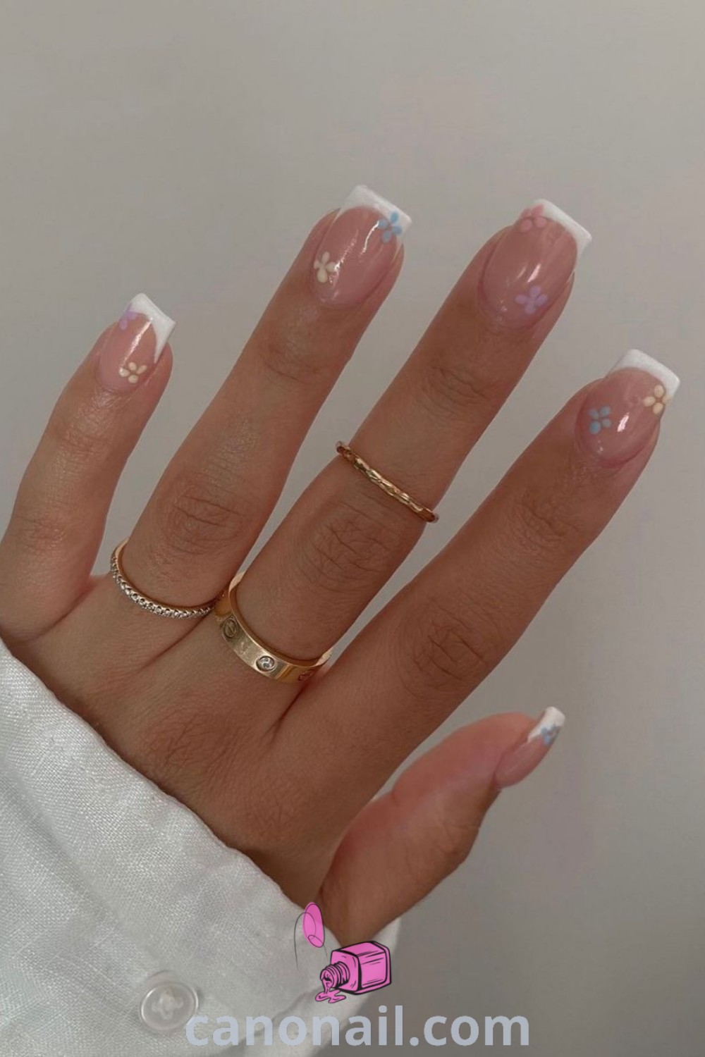 Spring nails featuring square daisy designs, vibrant nail tip colors, and floral details. Explore modern nail designs for simple summer nail inspiration at canonail.com.