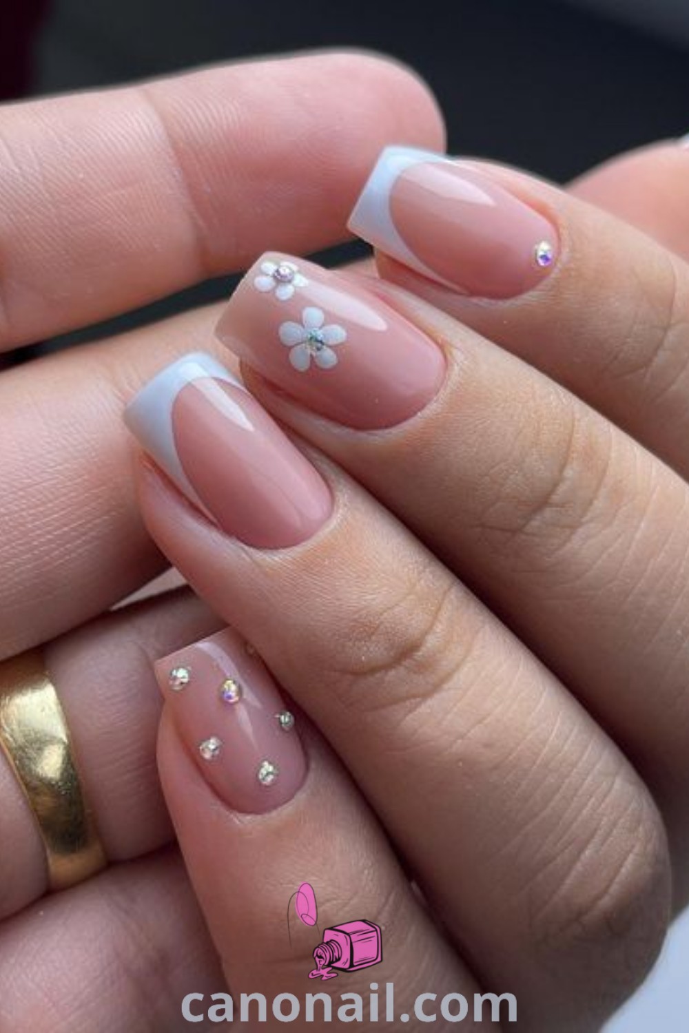 Spring nails featuring a square shape with daisy designs, vibrant colors, and stylish floral nail ideas. Ideal for a trendy and simple summer look, these beautiful nails offer elegant nail art inspiration. Discover more at canonail.com.