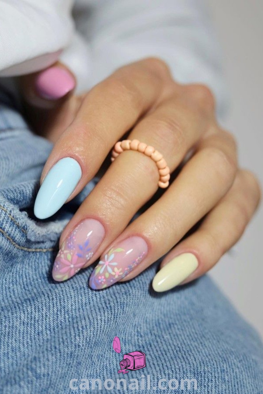 Spring nails in pastel colors with almond shape, featuring designs like Almond April Nails and simple pastel nail ideas. Perfect for weddings and Spring nail inspiration. Discover more stunning nail looks at canonail.com.