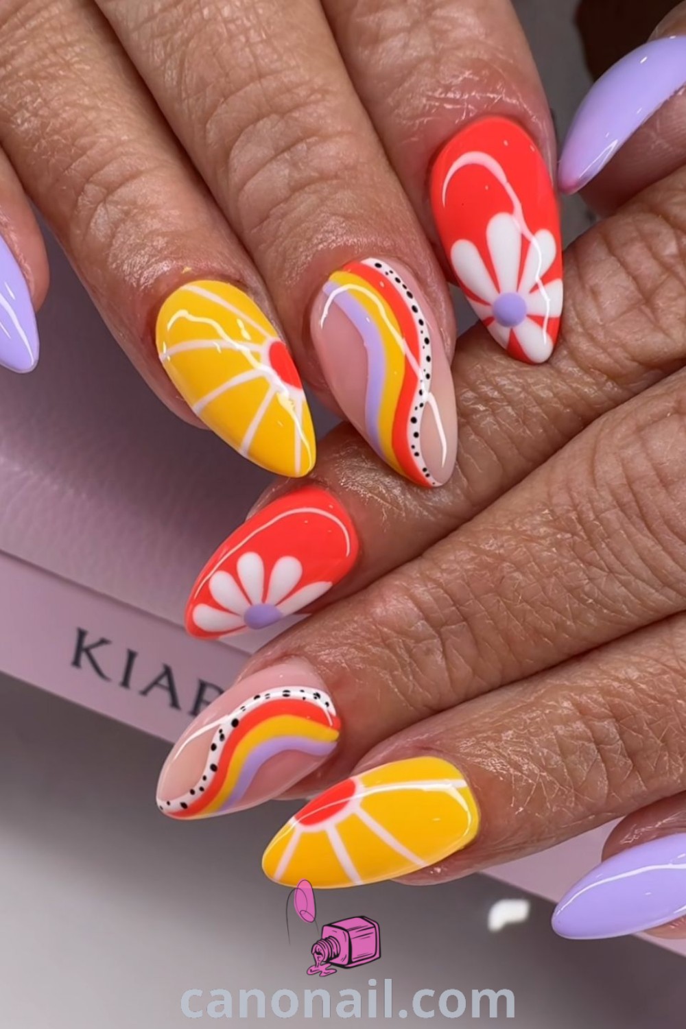 Spring nails on almond-shaped nails showcasing groovy square designs, bright bridal accents, and colorful music fest nail art. A modern nail inspiration for vibrant spring looks. Explore more stunning nail ideas at canonail.com.