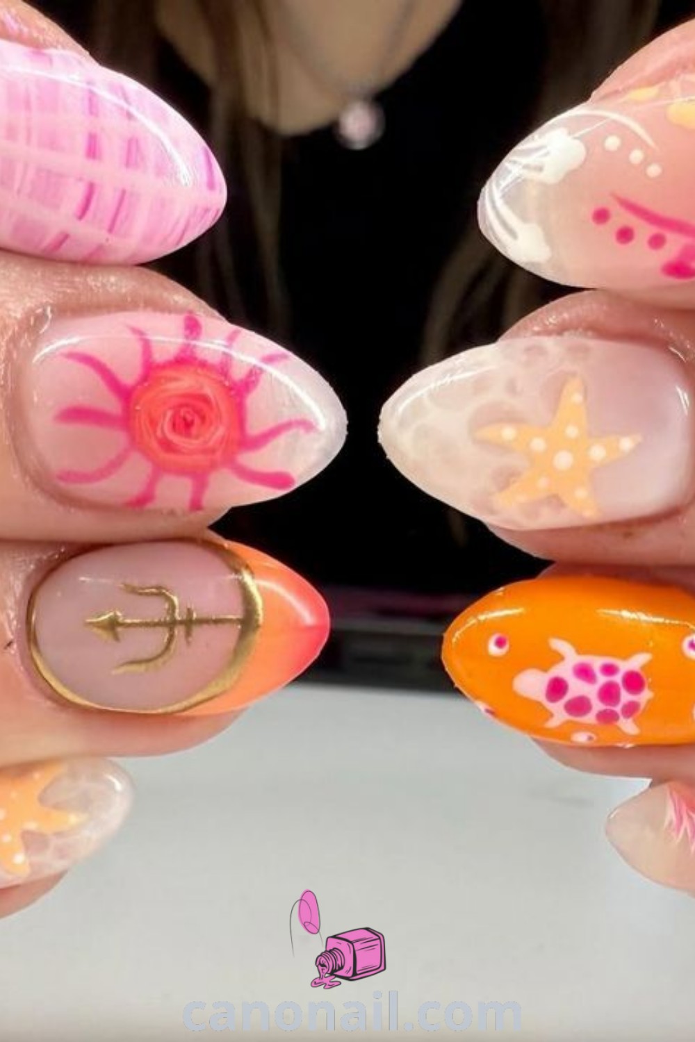 Spring nails inspired by bright beachy tones and funky nail art on almond nails, featuring vacation themes and fish designs. Explore modern nail ideas and stunning looks at canonail.com.