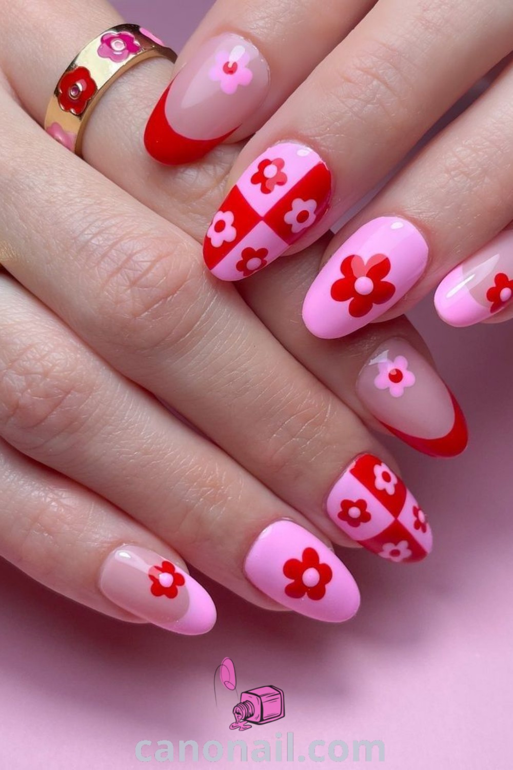 Spring nails featuring almond shapes with pink and red designs, cute mushrooms, kawaii Valentine