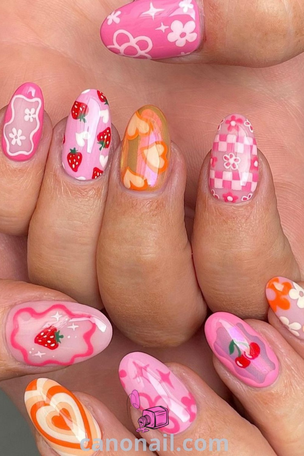 Spring nails in almond shape featuring preppy, retro, and hippie styles. This cute gel nail design showcases aesthetic and trendy manicure ideas. Discover beautiful nail inspiration and nail art at canonail.com.