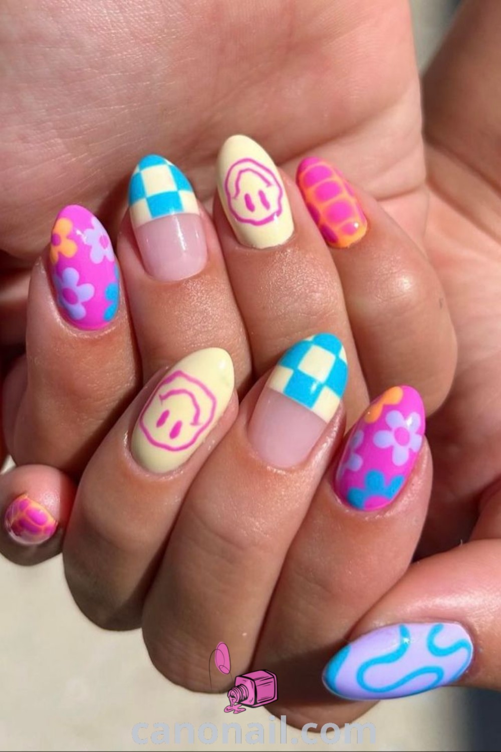 Spring nails in almond shape showcasing vibrant colors and playful designs including 80s nails and sassy trends. A perfect blend of elegance and modern nail designs for seasonal nail inspiration. Discover more at canonail.com.