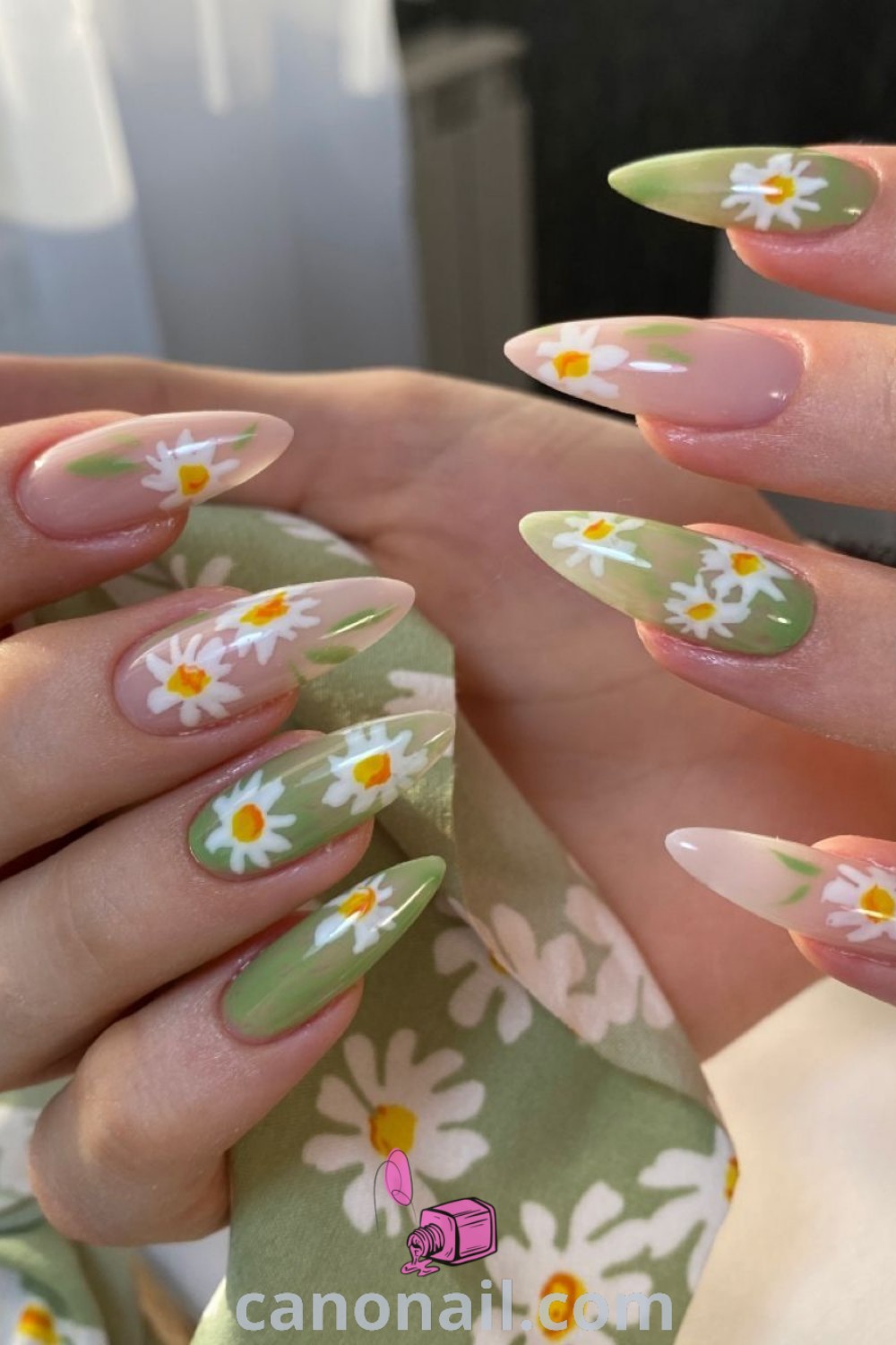 Spring nails on almond-shaped nails featuring Disney-themed designs, Daisy nail motifs, and trendy nail art inspiration. Discover the latest styles and stunning nail looks at canonail.com.