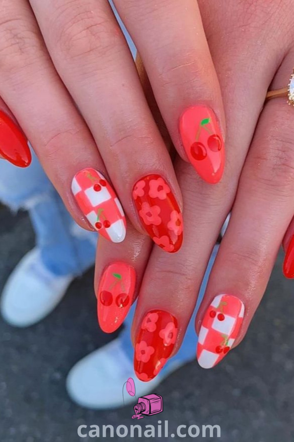 Spring nails on almond-shaped nails featuring cute gel designs, checkered patterns, and minimalist art. A trendy and elegant manicure that embodies the spirit of spring. Explore vibrant nail inspiration at canonail.com.