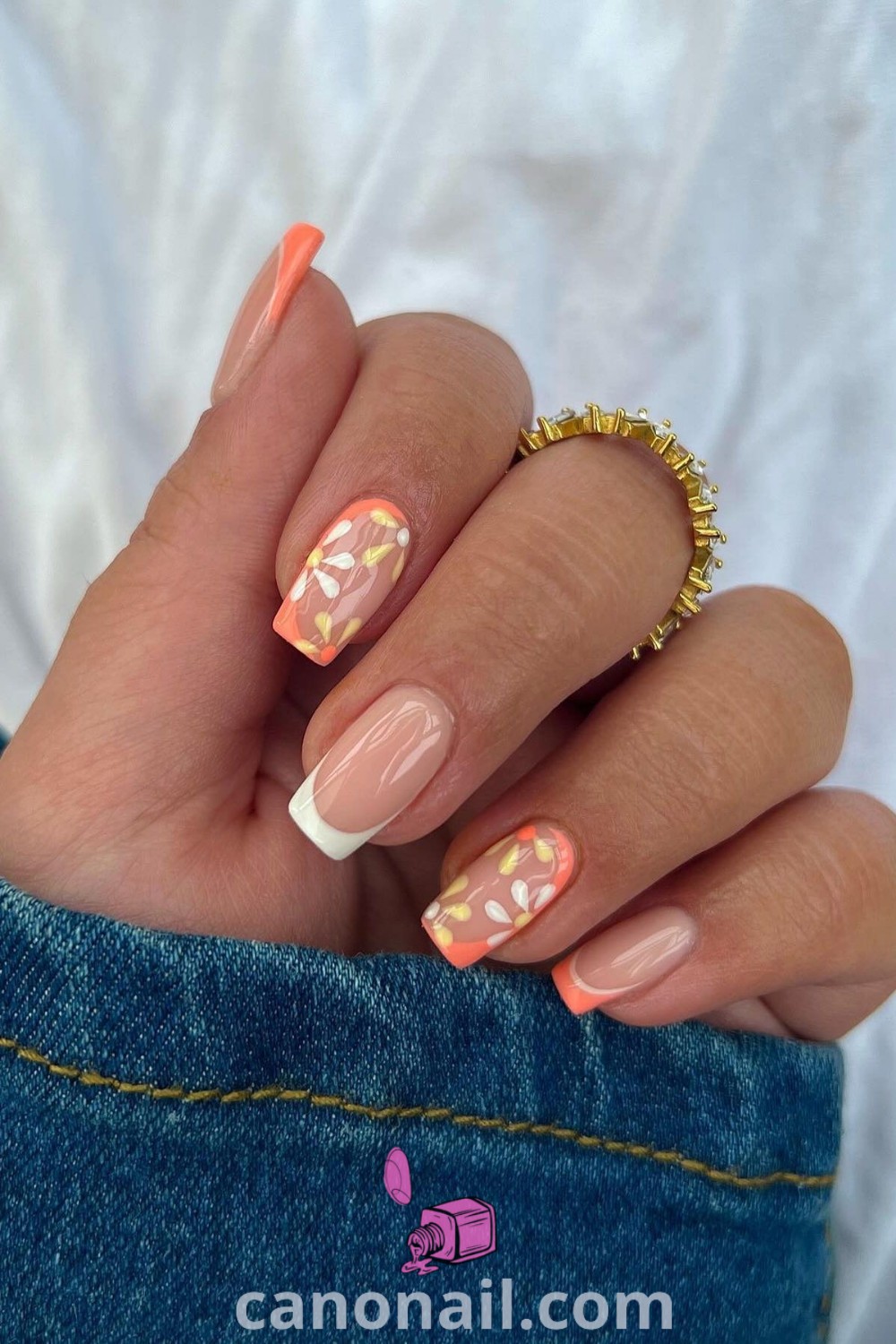 Cute spring nails featuring floral patterns and pastel colors, designed for square-shaped nails. Discover trendy and casual designs perfect for spring and holiday nails at canonail.com.