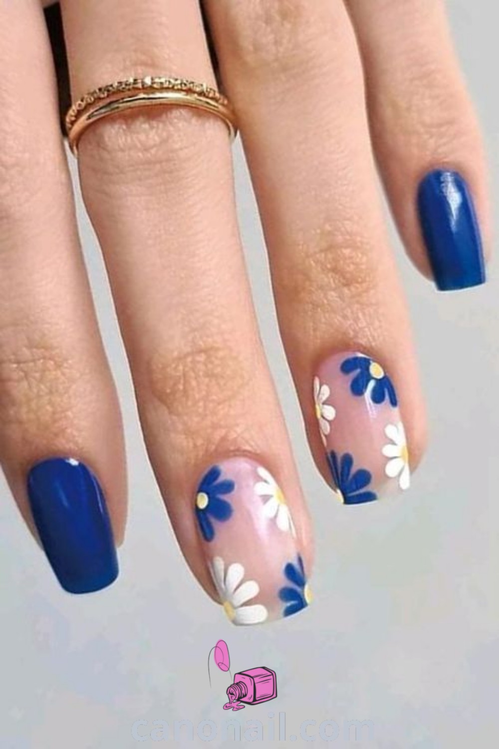 Spring nails featuring square-shaped blue designs, including elegant blue flower accents and stylish patterns. A trendy and cute look perfect for the spring season. Discover more nail ideas at canonail.com.